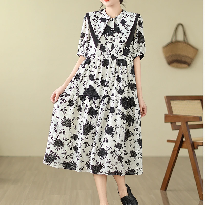 

Floral Printed Chiffon Long Dresses For Women Spring Summer Female Lapel Collar Short Sleeve Large Size Elegant Casual VestidoS