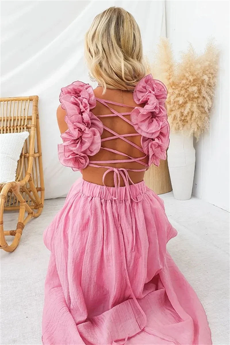 Summer Solid Color Strap Backless Homecoming Dress Sexy Pleated Hollow Out Party Gown French Style Cross Holiday Fairy Skirt
