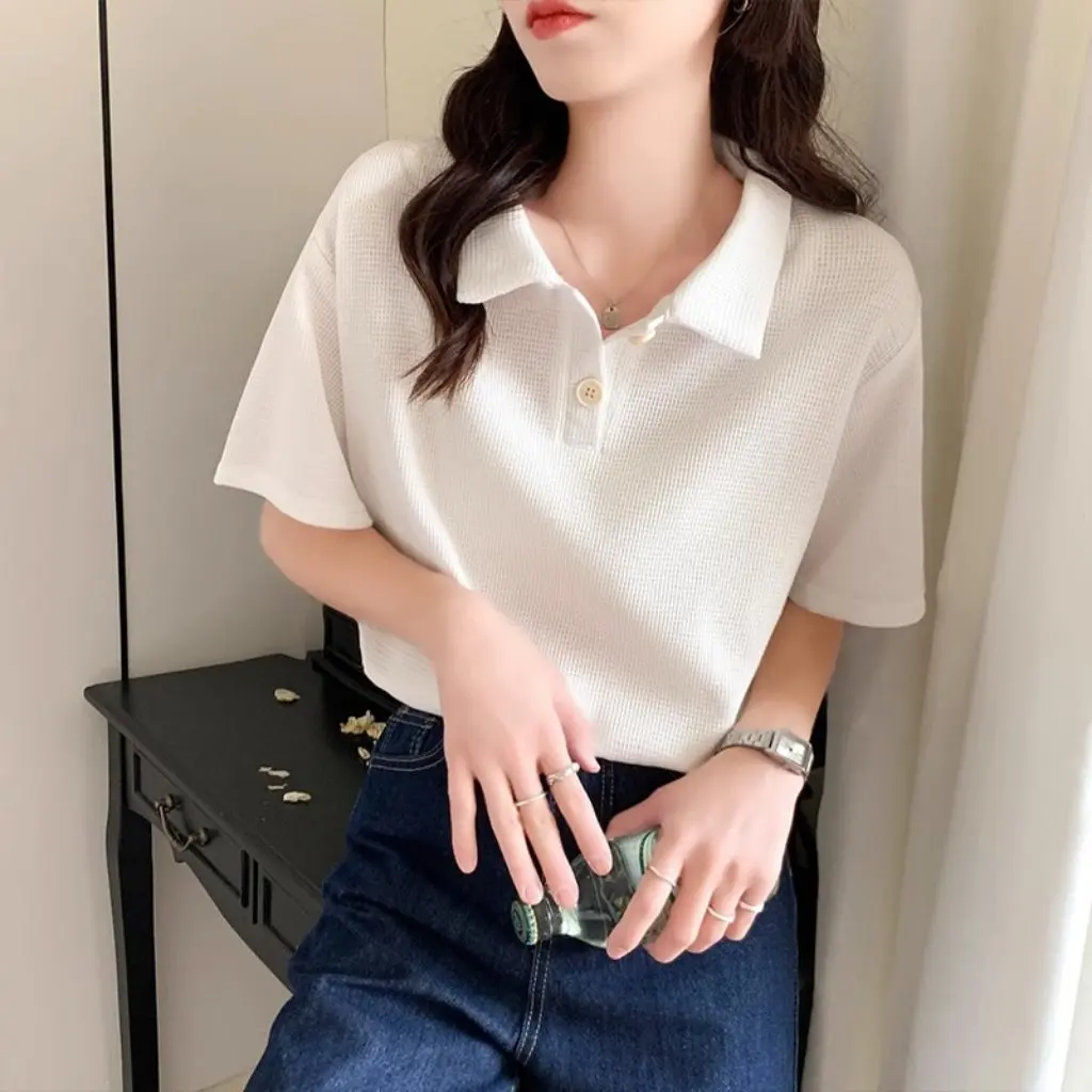 

Summer New Arrival Women's Waffletec Polo Shirt Loose Fit Short-Sleeved T-Shirt Apricot Color Hong Kong Style Inner Top