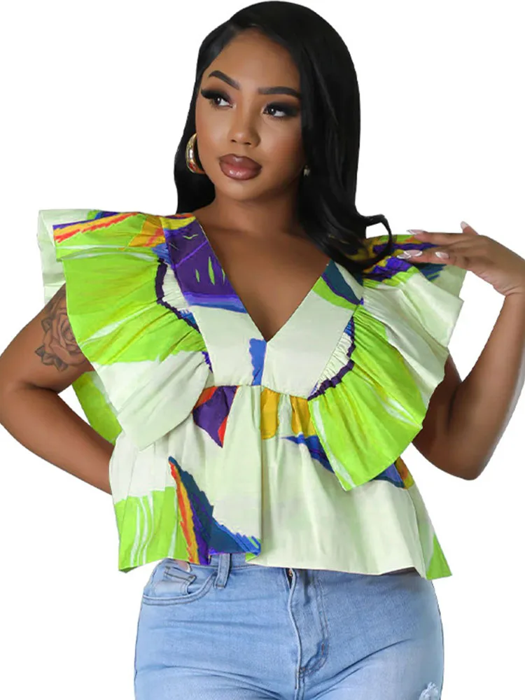 

Butterfly Sleeve Print Shirt Ruched Tops For Women Backless High Waist Blouses For Party Night Club Sexy Crop Tops And Blouses