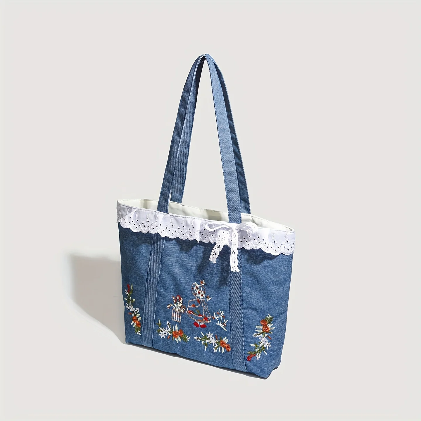 Embroidered Large Capacity Tote Bag Vintage Lace Patchwork Shoulder Bag Sweet Japanese Artistic Spring Forest System Bag