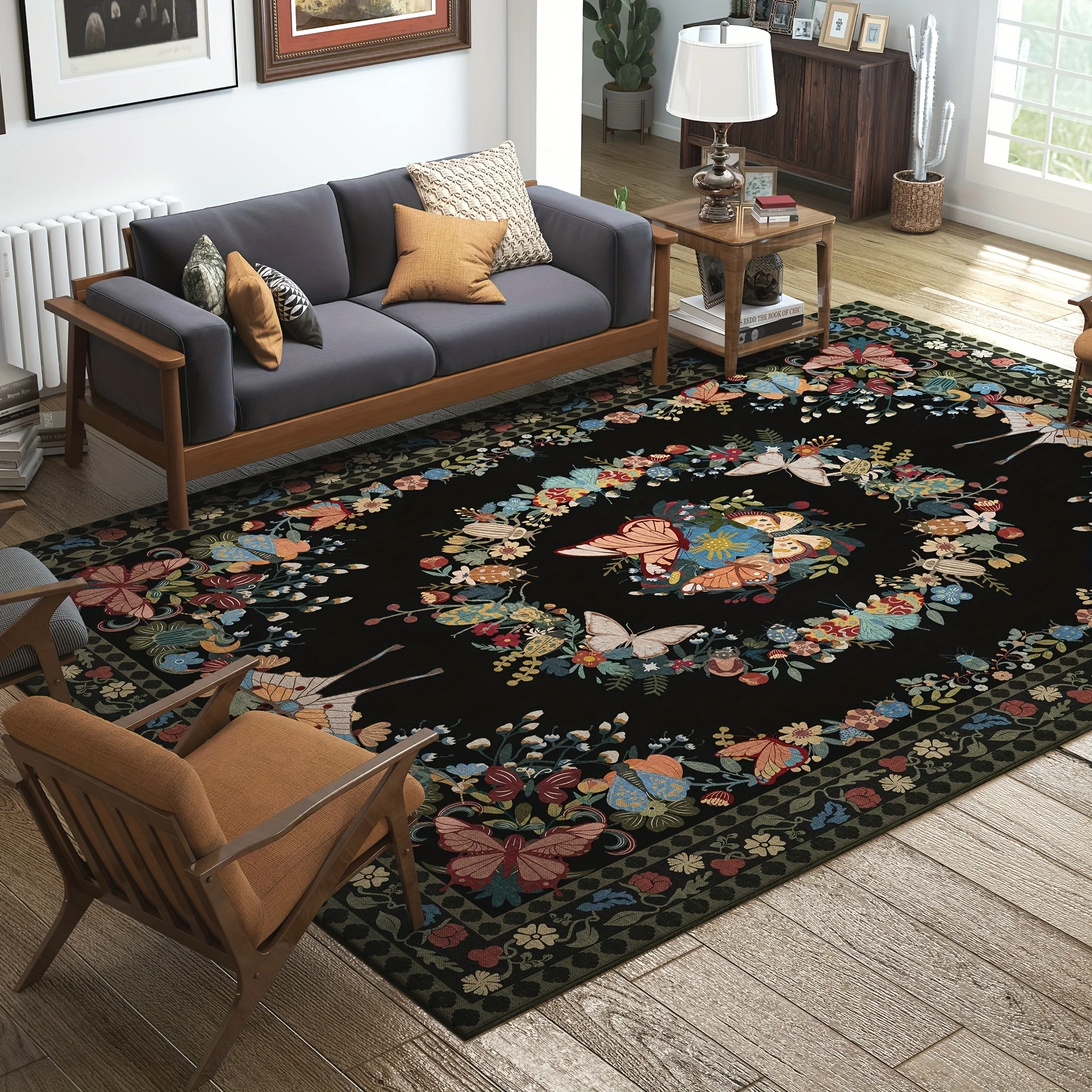 

VIKAMA American Floral Butterfly Carpet, Living Room Sofa Carpet, Machine Washable, Bedroom Carpet For Home Decoration