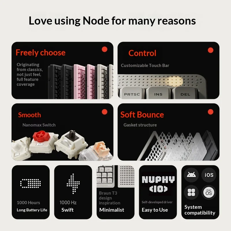 Original NuPhy Node100 Bluetooth Wireless Mechanical Keyboard with PBT Keycaps 3000mAh Battery RGB Ergonomic LoworMax High Axis