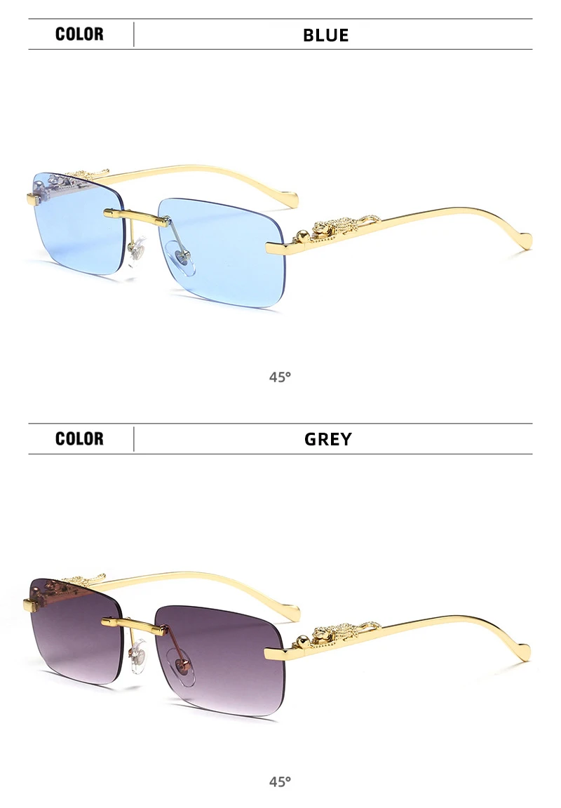 Klassische randlose Sonnenbrille für Herren und Damen, modisch, Leoparden-Dekoration, kleine Sonnenbrille, stilvoll, rahmenlos, zum Fahren, Reisen – Detail 9