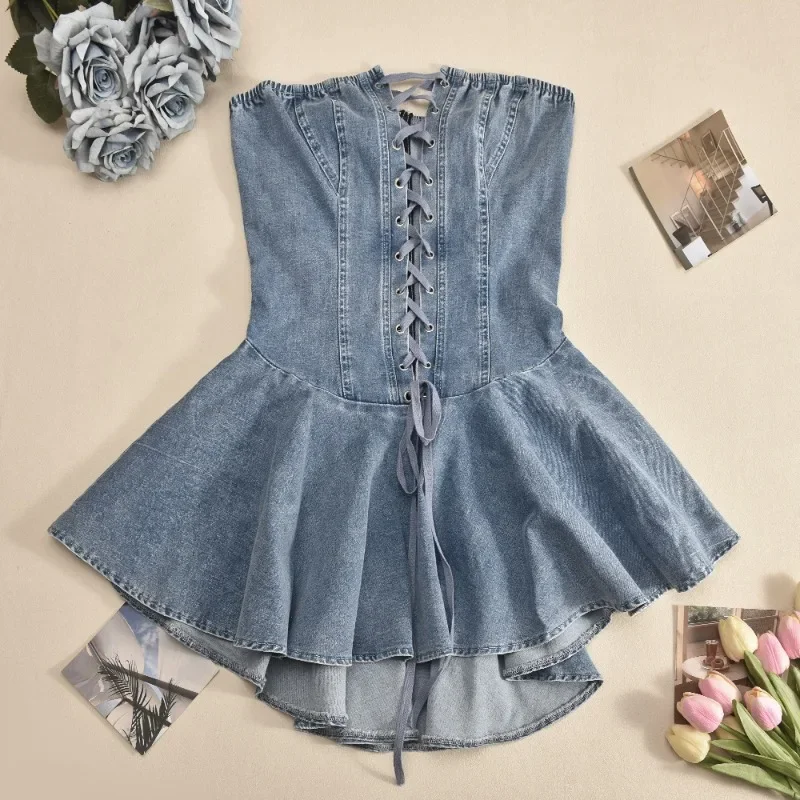 Women Sexy Strapless Denim Mini Ruffle Dress Grommet Lace Up Sleeveless Backless Slim Fit Flare Jeans Vestidos Casual Streetwear