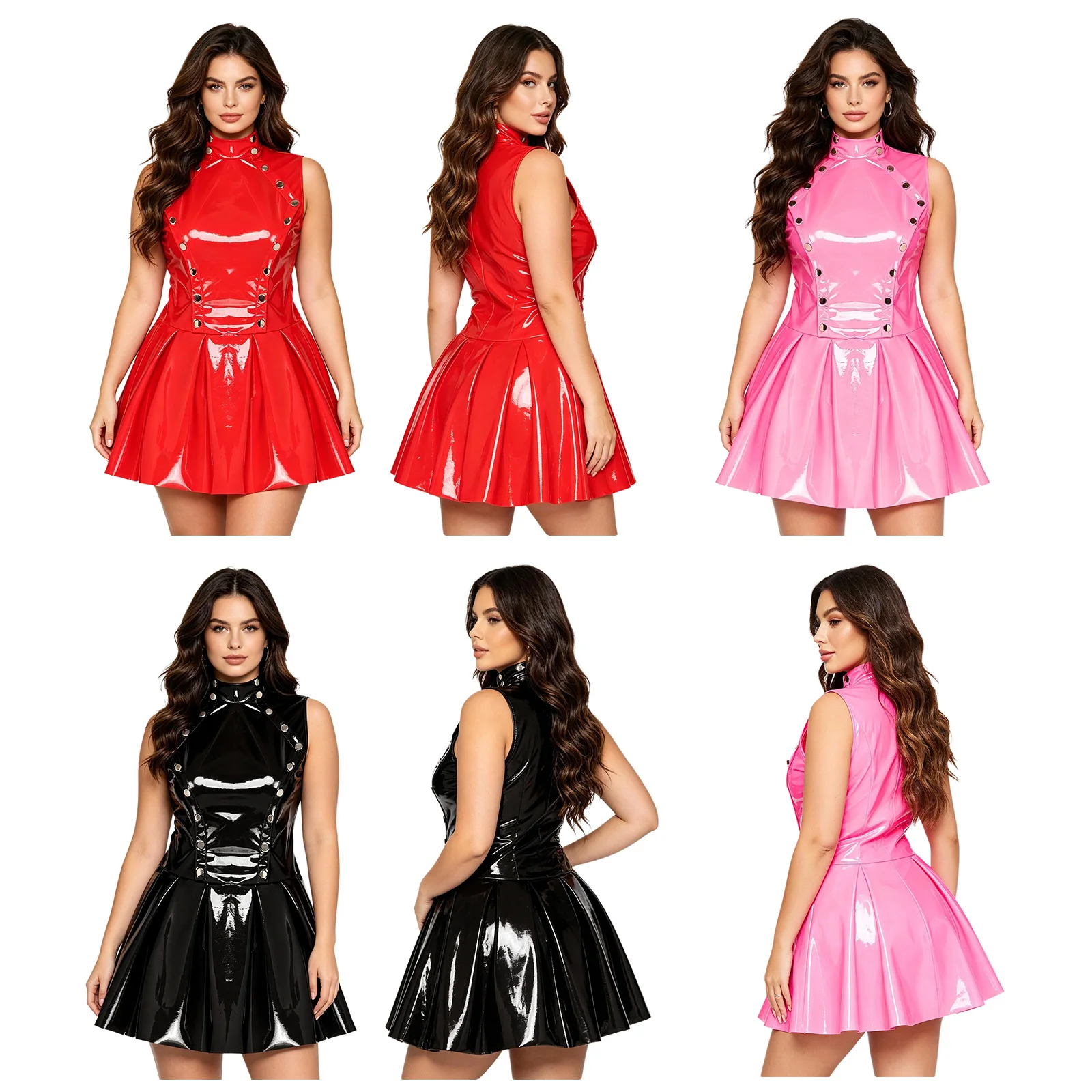 Women Wet Look Glossy PU Leather Mini Dress Sleeveless Open Front with Pressing Buttons Dresses for Nightclub Rave Party Bar