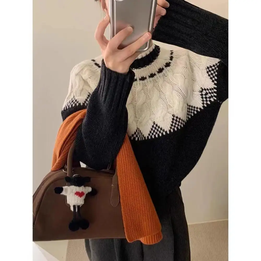 Autumn Winter Korean Fashion Knitted Pullovers Women  Harajuku Long Sleeve Square Plaid Sweater Cozy Tide Loose Oversized Tops