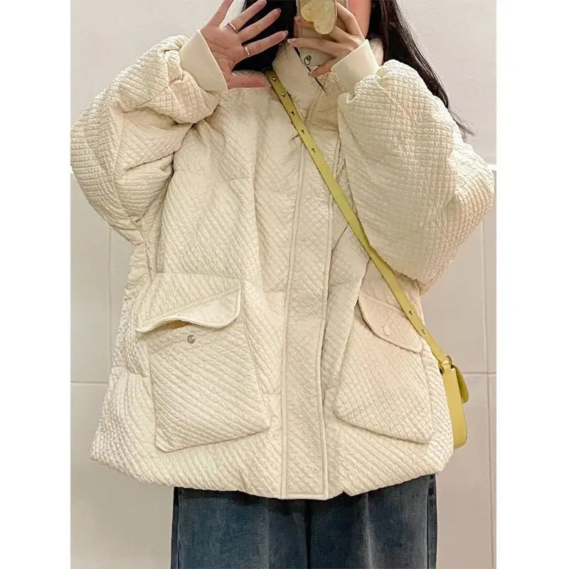 American niche rhombus thickened bread coat trendy brand loose stand-up collar cotton coat winter couple coat ins trend y2k ins