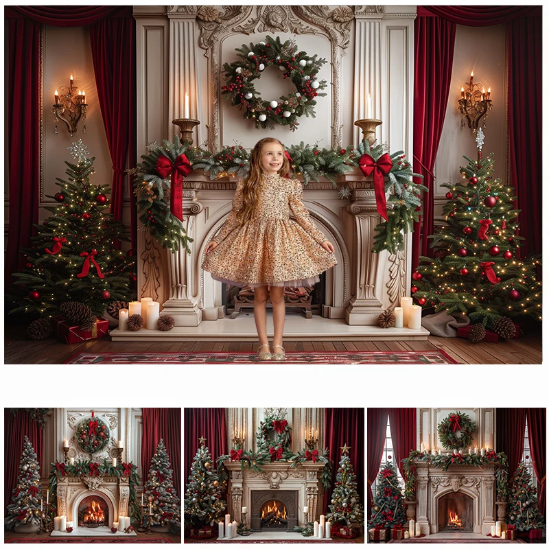 

Indoor Fireplace Christmas Tree Red Wall Decoration Kids Portrait Family Photo Background Xmas Party Studio Photography Backdrop