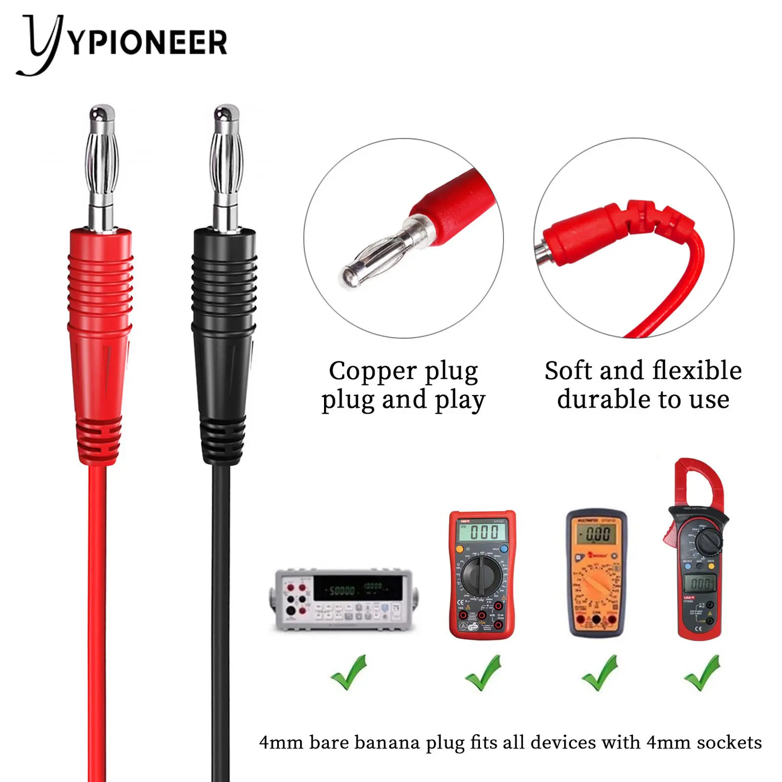 YPioneer P1038 4mm Banana Plug to Alligator Clips Test Leads Kit Crocodile Clips Copper Soft Cable Wire Set 2PCS Red + Black