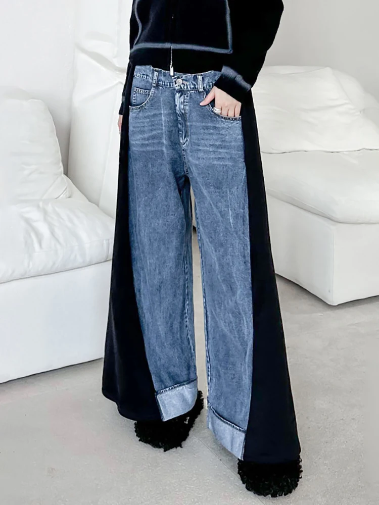 [EAM] High Waist Color-block Wide Leg Black Denim Long Jeans New Loose Women Trousers Fashion Tide Spring Autumn 2025 1DH2433