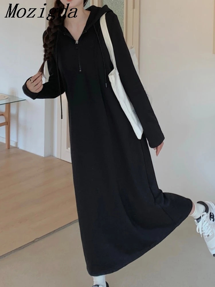 حجم كبير فستان بكم طويل المرأة الخريف كوريا النساء فساتين السيدات رداء Elbise فضفاض مقنعين فستان امرأة Vestidos
