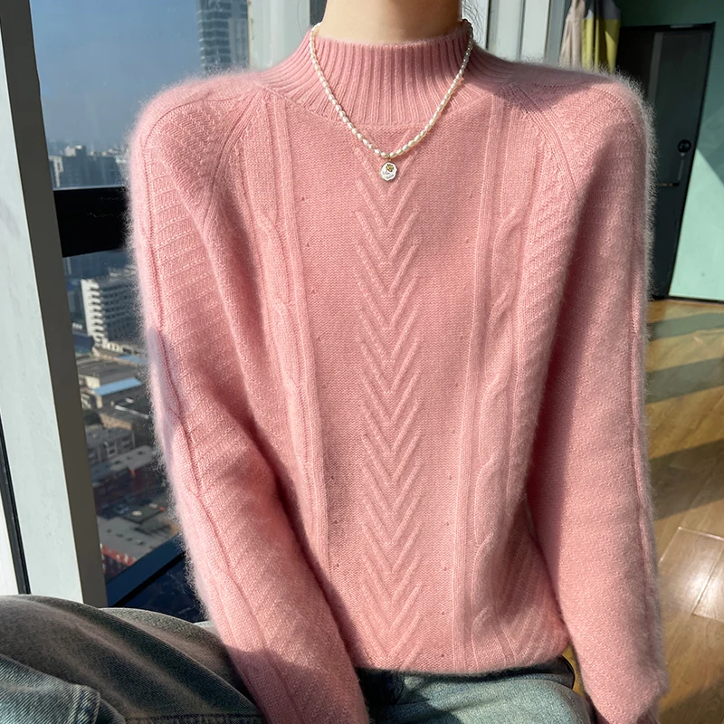 

Women's 100% merino wool solid color semi-high neck pullover sweater autumn long sleeve cashmere knitted Korean fashion top