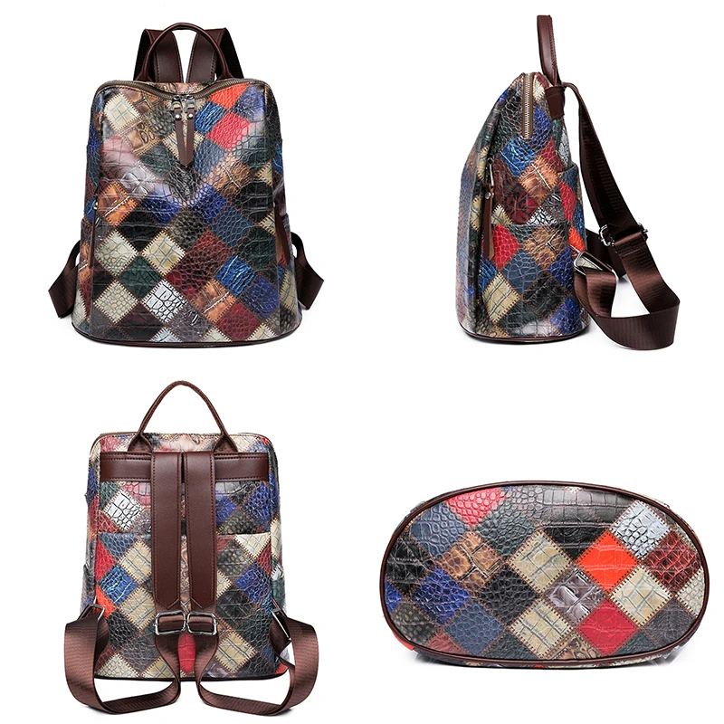 Fashion Patchwork Women Leather Backpacks 2023 NEW Large Capacity Travel School Bag Female Retro Shoulder Bag Bagpack mochila