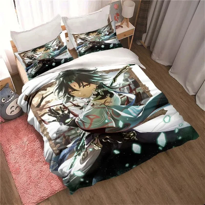 Genshin Impact Game Anime 3-piece Quilt Cover Bed Quilt Cover Double King Bed Quilt Cover Home Textiles Boys Adults