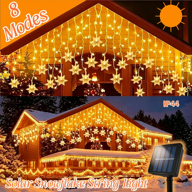 3.5/7M 96/162LED Snowflake String Lights Solar Powered Icicle Fairy Lights for Party Christmas Outdoor Droop Eaves Garden Decor
