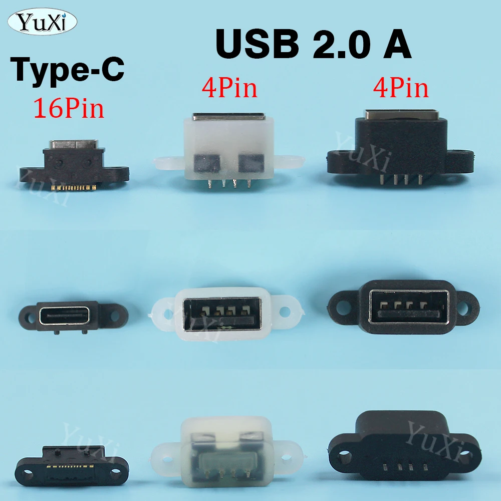 1Pc 4Pin USB 2.0 A 16Pin Type-C 3.1 USB C Waterproof Female Connector With Screw Hole For DIY Fast Charging Cable Socket Port