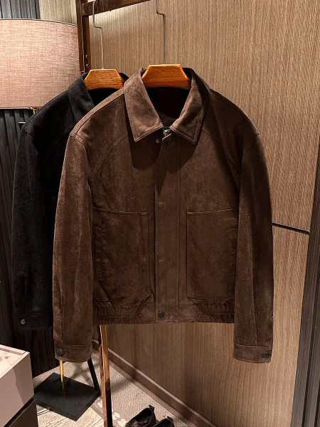 

High-Quali Men's Suede Jaet Thiened Cotton Stand Collar Busin Casual Outerwear Autumn Winter Faion Youth Polyester