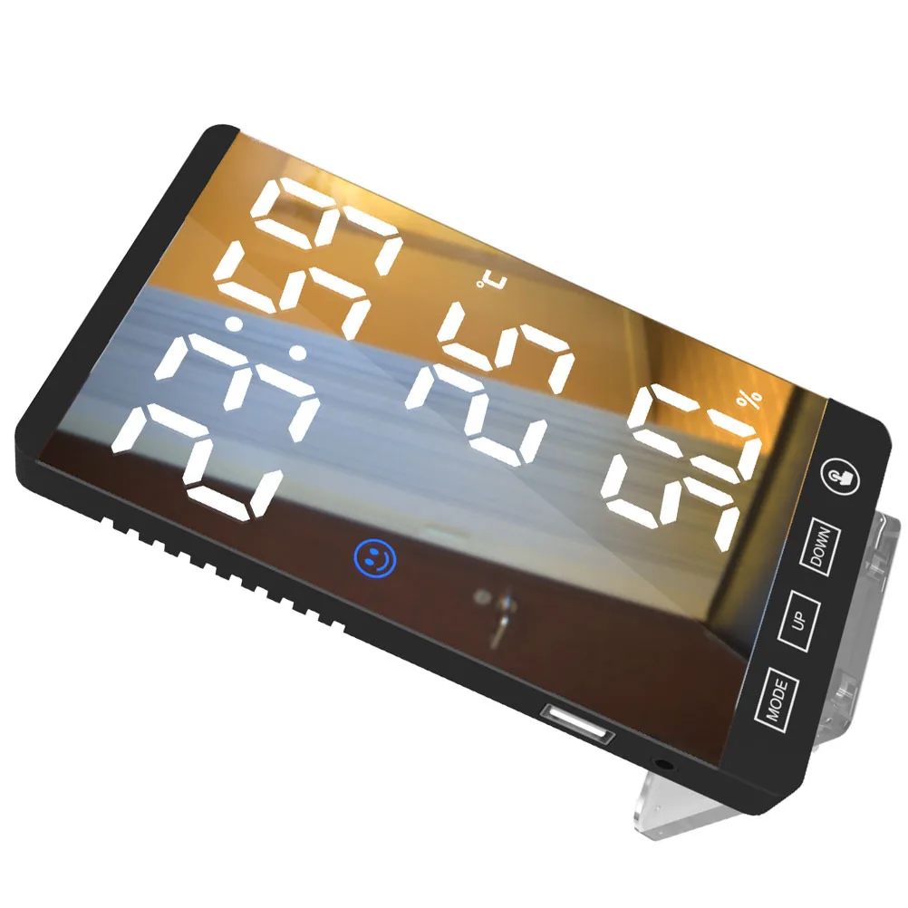 

Black LED Desk Clock USB Alarm Clock with Temperature Humidity Display Large Clear White Font for Bedroom Use
