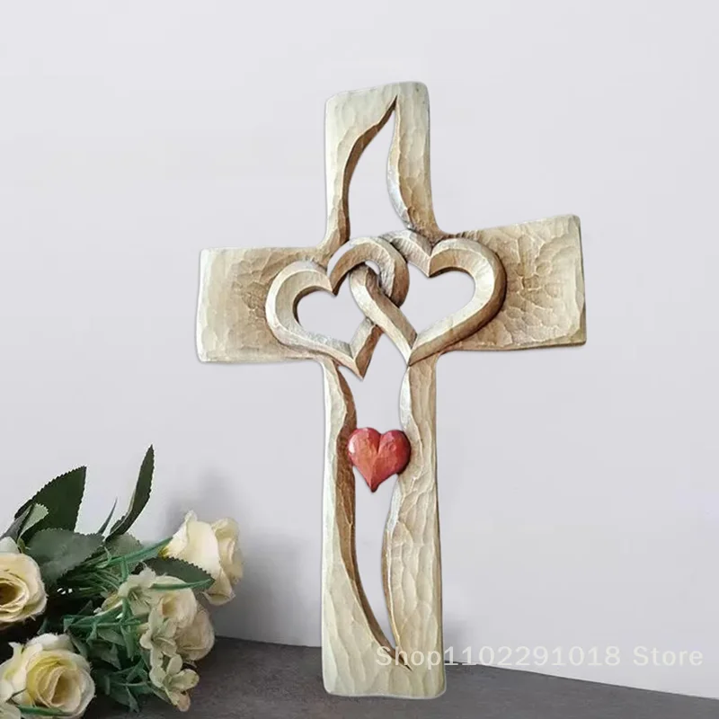 

Carved Wooden Cross-Intertwined Hearts,Wall Hanging Hand Antique Design,Two Hearts Joined, Home Living Room Decor,Wall Art Gift