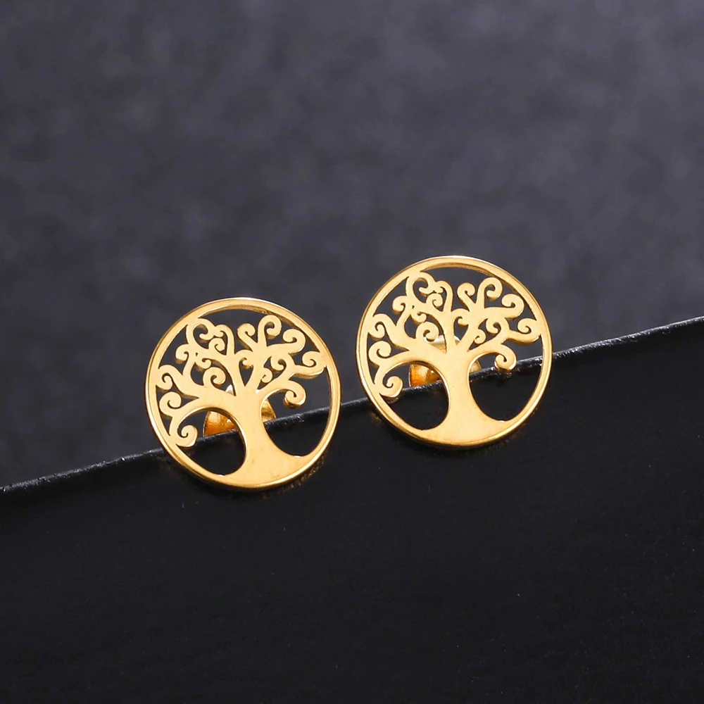 Lemegeton Tree of Life Stainless Steel Earrings for Women Men Norse Mythology Yggdrasil Jewelry World Peace Ear Studs Gift