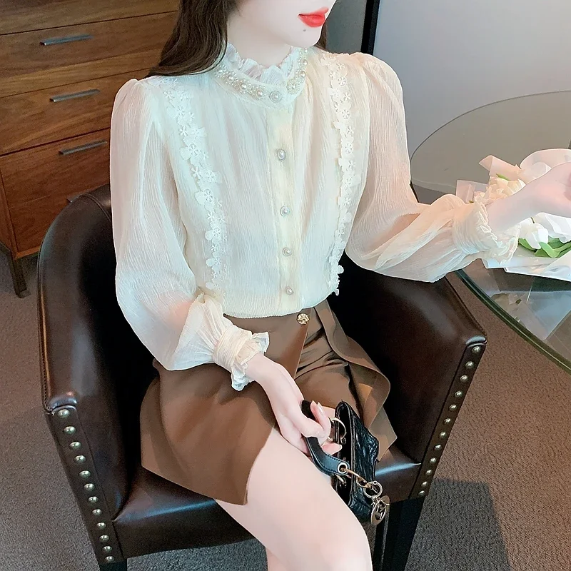 Autumn Fashion New Office Lady Blouse Pearl Stand-up Collar Lace Pleated Long Sleeve Shirt for Women Clothing