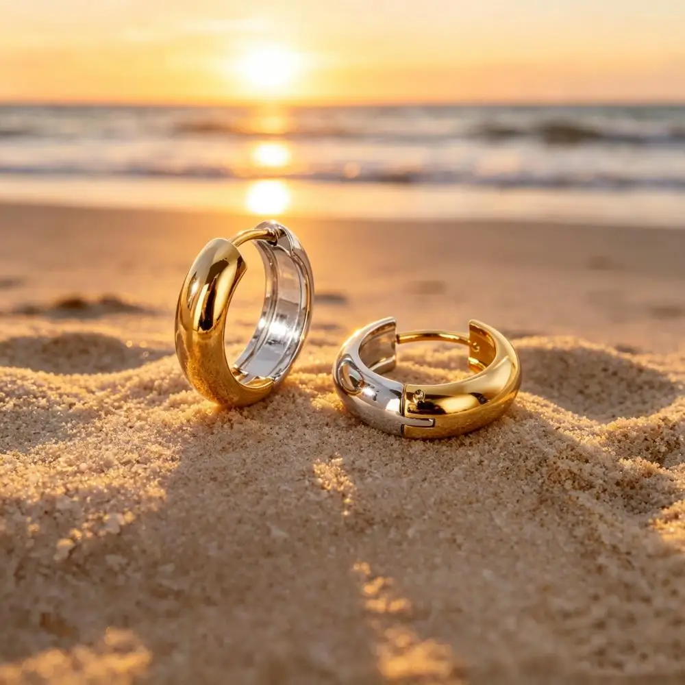 Pendientes de aro redondos de acero inoxidable en dos tonos, color oro y plata, para mujeres y hombres, con cierre de hebilla para la oreja, joyería para fiestas.