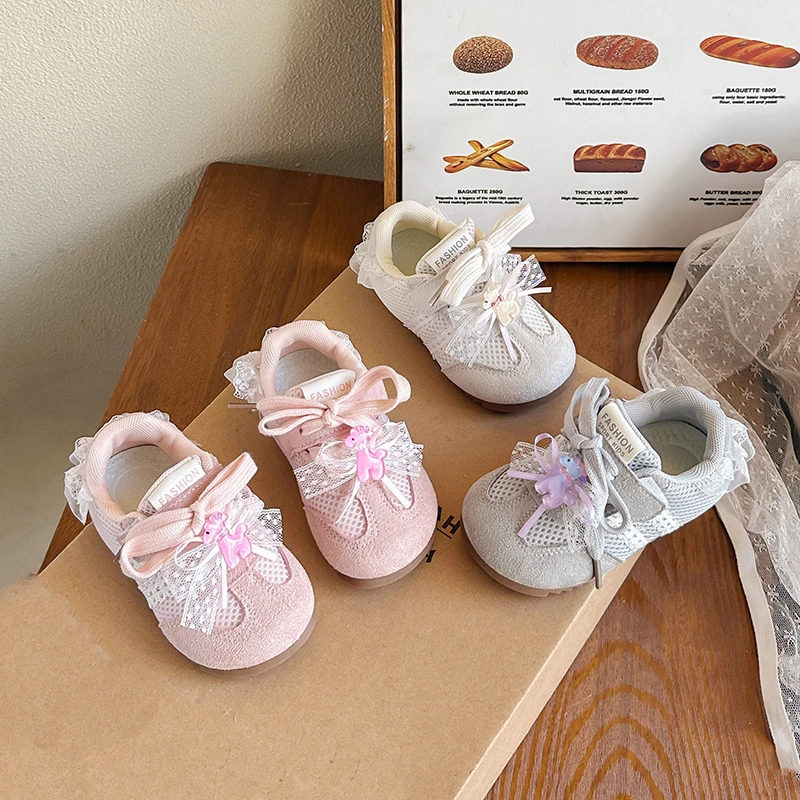 

Kids Tennis Shoes Mesh Breathable Children Princess Shoes Soft Bottom 2026 Brand New Girls Casual Shoes Sweet Lace Bows Non-slip