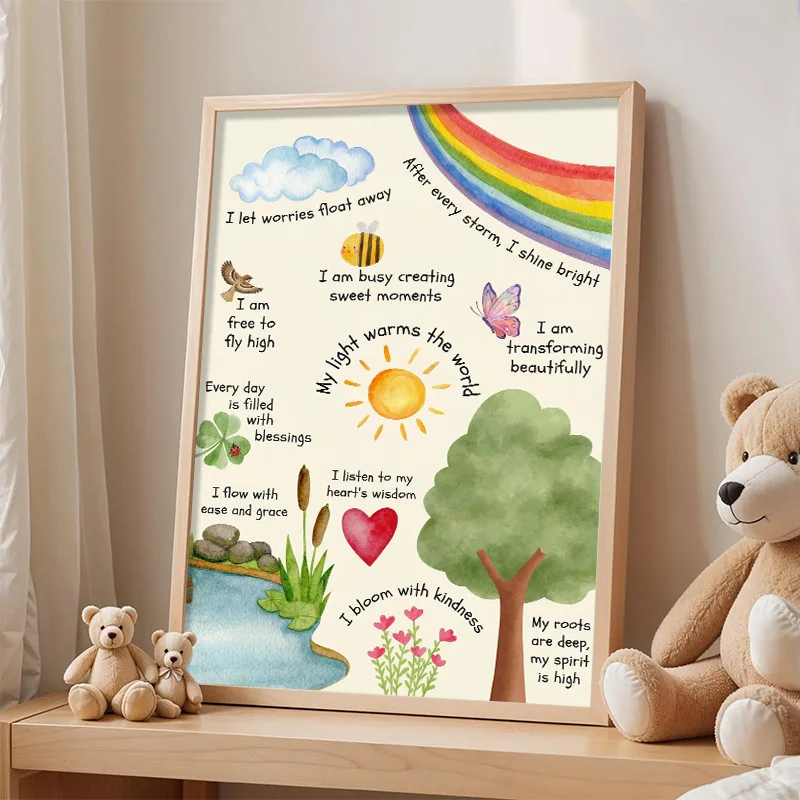 Kids Positive Affirmations Poster Watercolor Nature Inspirational Quote Wall Art Cute Rainbow Bee Tree Print for Nursery Decor