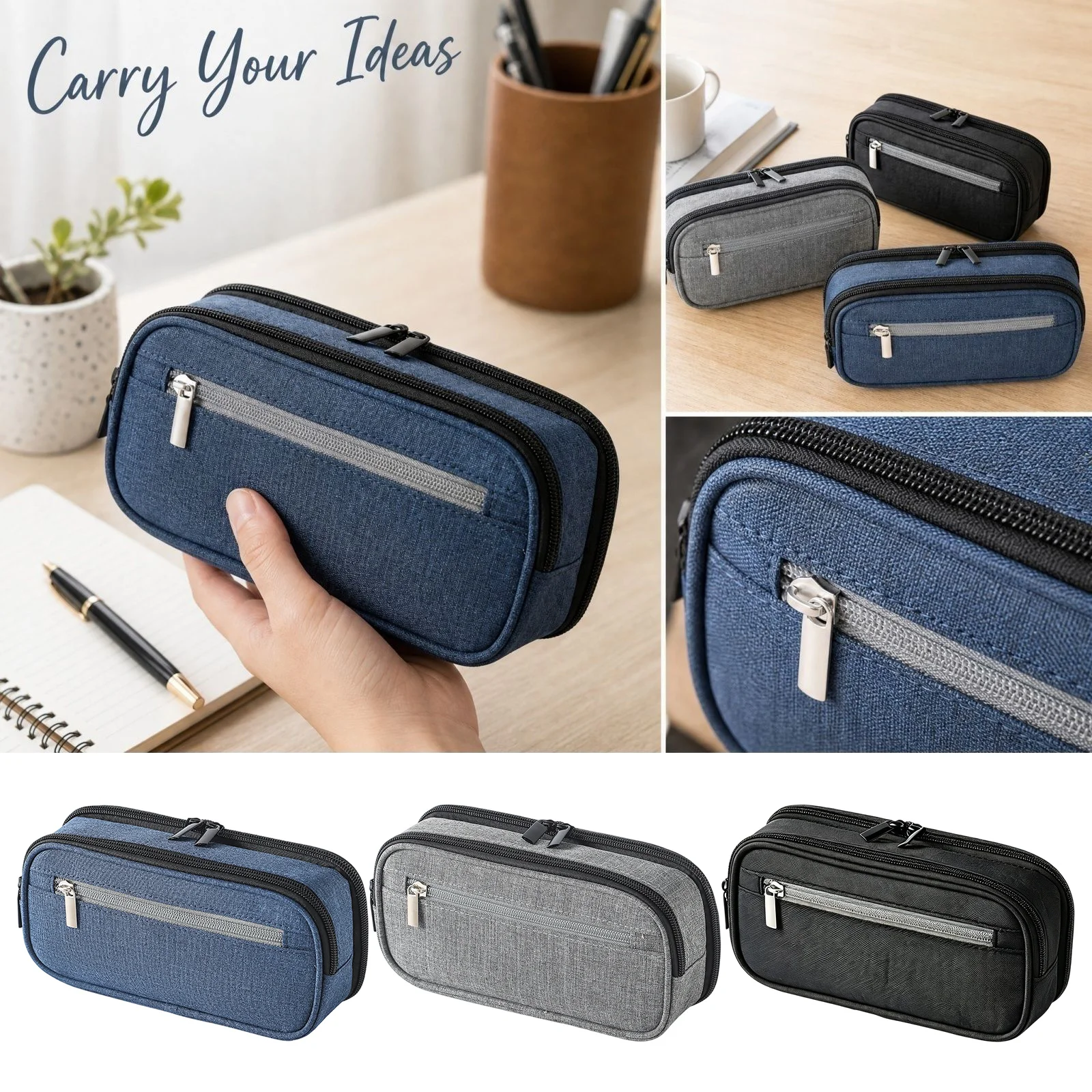 Multi-Color Zipper Pencil Case Large Capacity Stationery Organizer Travel Toiletry Storage Cosmetic Pouch Simple Multifunctional