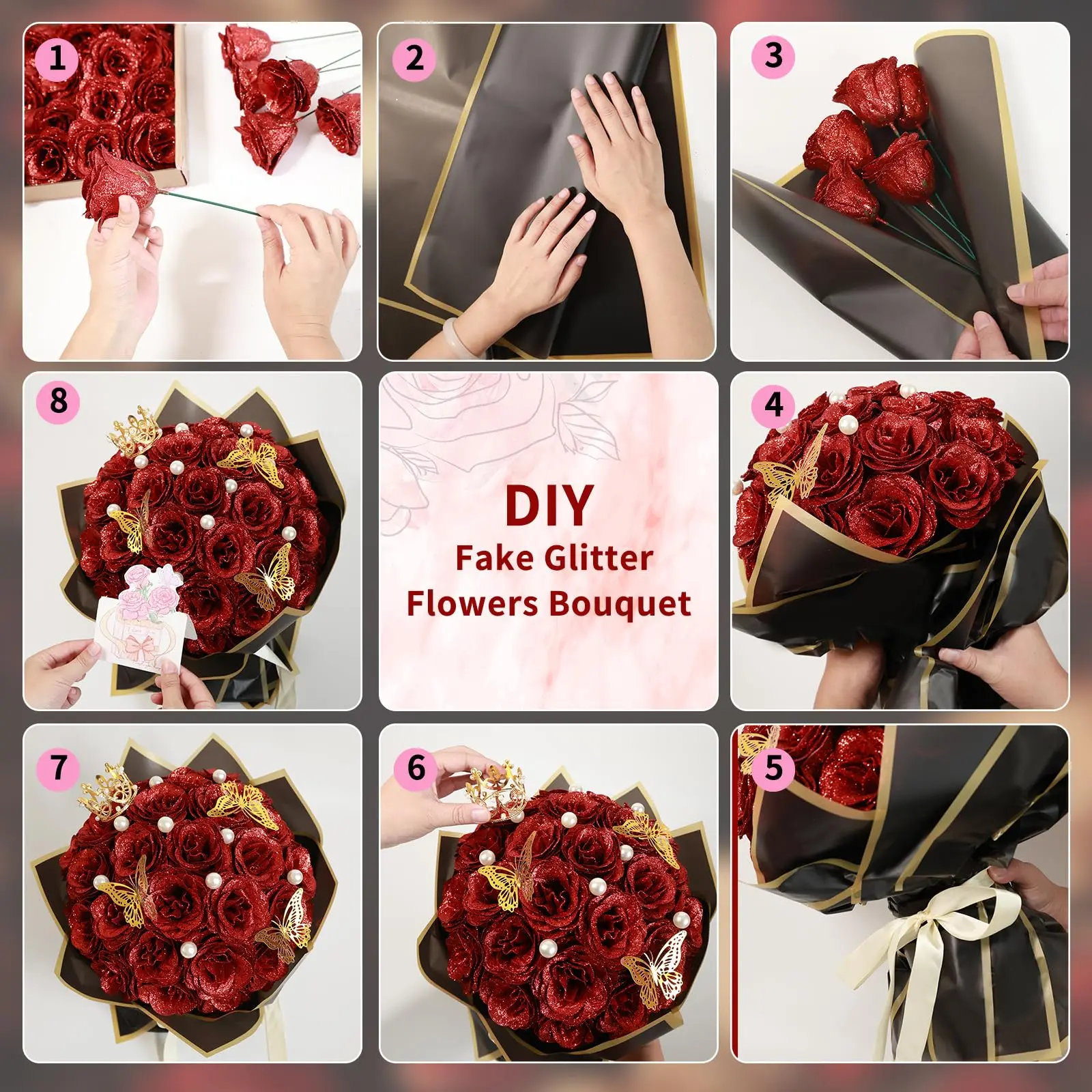 12/24-teiliges rotes Glitzer-Rosen-Blumenstrauß-DIY-Geschenkset, ewige glänzende künstliche Rose für Valentinstag, Jahrestag, Verlobung, Hochzeit – Detail 4