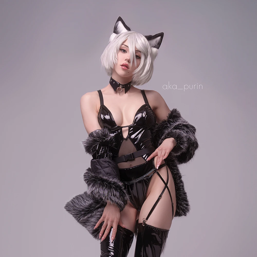 KORURACLUB Sexy Women's Raccoon cosplay costume Plush Animal ears and tail jumpsuit Wolf Girl black white polyurethane lingerie