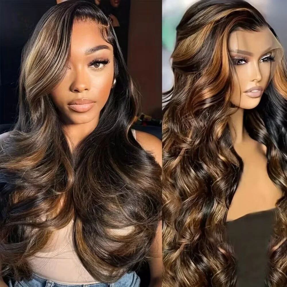 

200% Density 36 Inch Highlight Body Wave Wig 13x4 13x6 Transparent Lace Frontal Pre Plucked Wig 4/27 Blonde Human Hair For Women