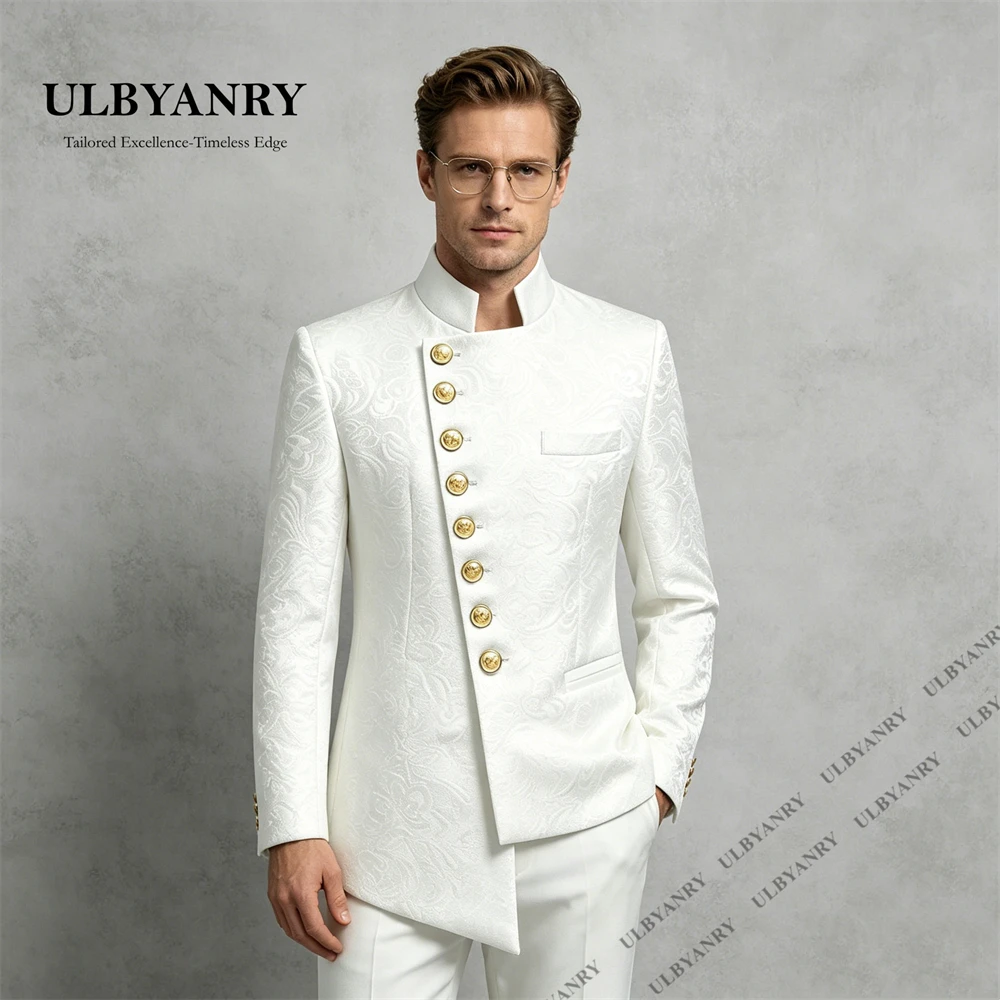 

ULBYANRY Jacquard Men's 2 Piece Suit Set Stand Collar Gold Buttons Wedding Groom Suit, Customized Size XXS-7XL Formal Tuxedo