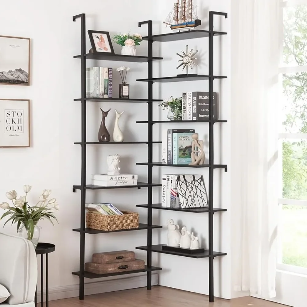 Corner Bookshelf, 12-Tier L Shaped Bookshelf, Double Wide Corner Wall Mount Bookcase with Metal Frame and Wood, Corner Shelf