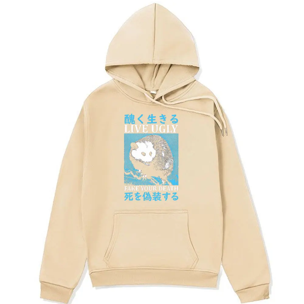 Funny Live Ugly Japanese Opossum Graphic Hoodie Men Women Clothing Fall and Winter Fleece Fashion Oversized Hooded Sweatshirts