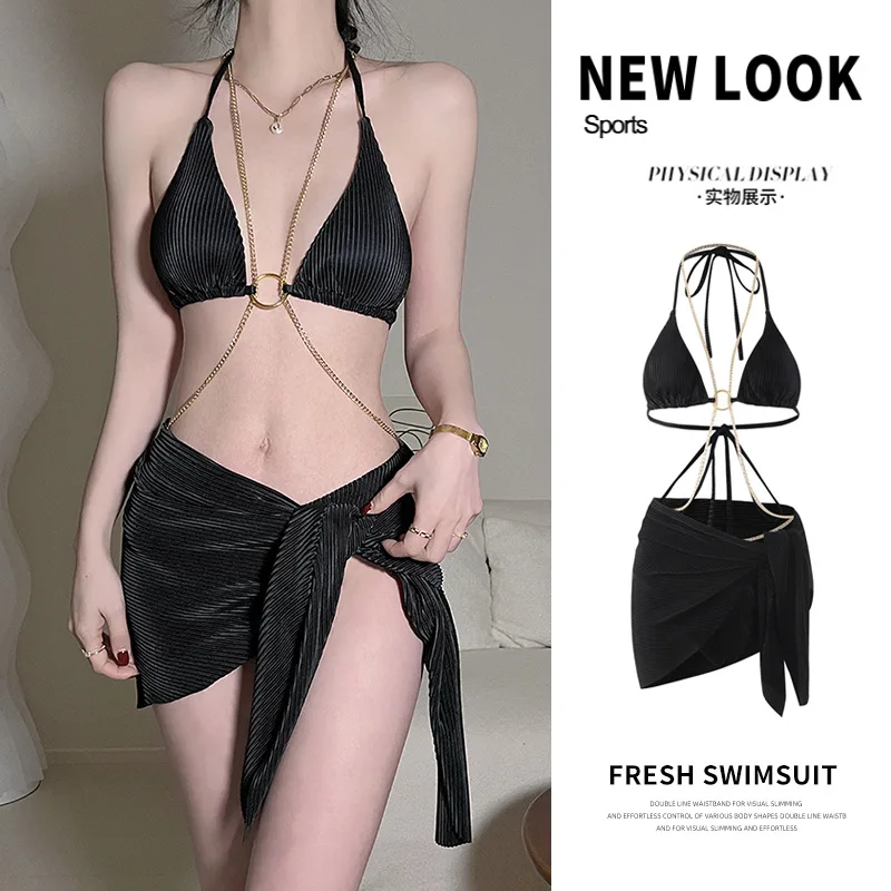 2024 New Swimsuit Female Split Bikini Three-Piece Black Chain Senior Sensual Spa Beach Resort