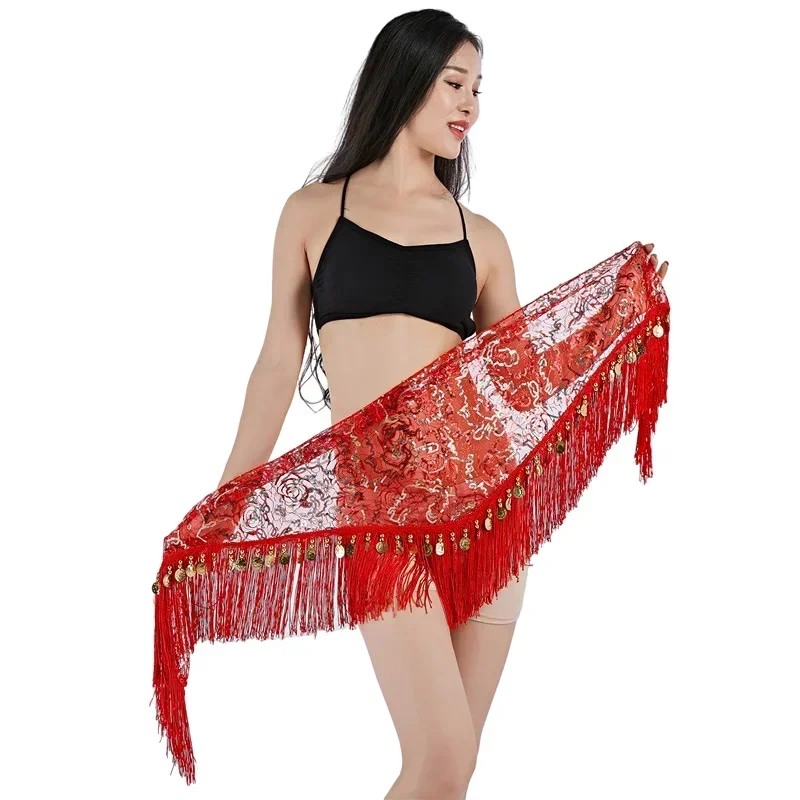 Belly Dance Hip Scarf with Tassels Sequins Triangle Coins Wrap Skirt Music Festival Clothing Rave Bellydance Belt Costume Gold