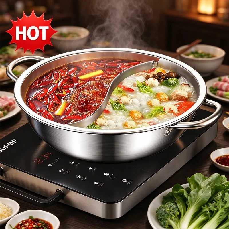 Stainless Steel 28cm Divided Hot Pot, Dual Broth Yin Yang Soup Pot for Gas Stove, Home Kitchen Cooking Pot