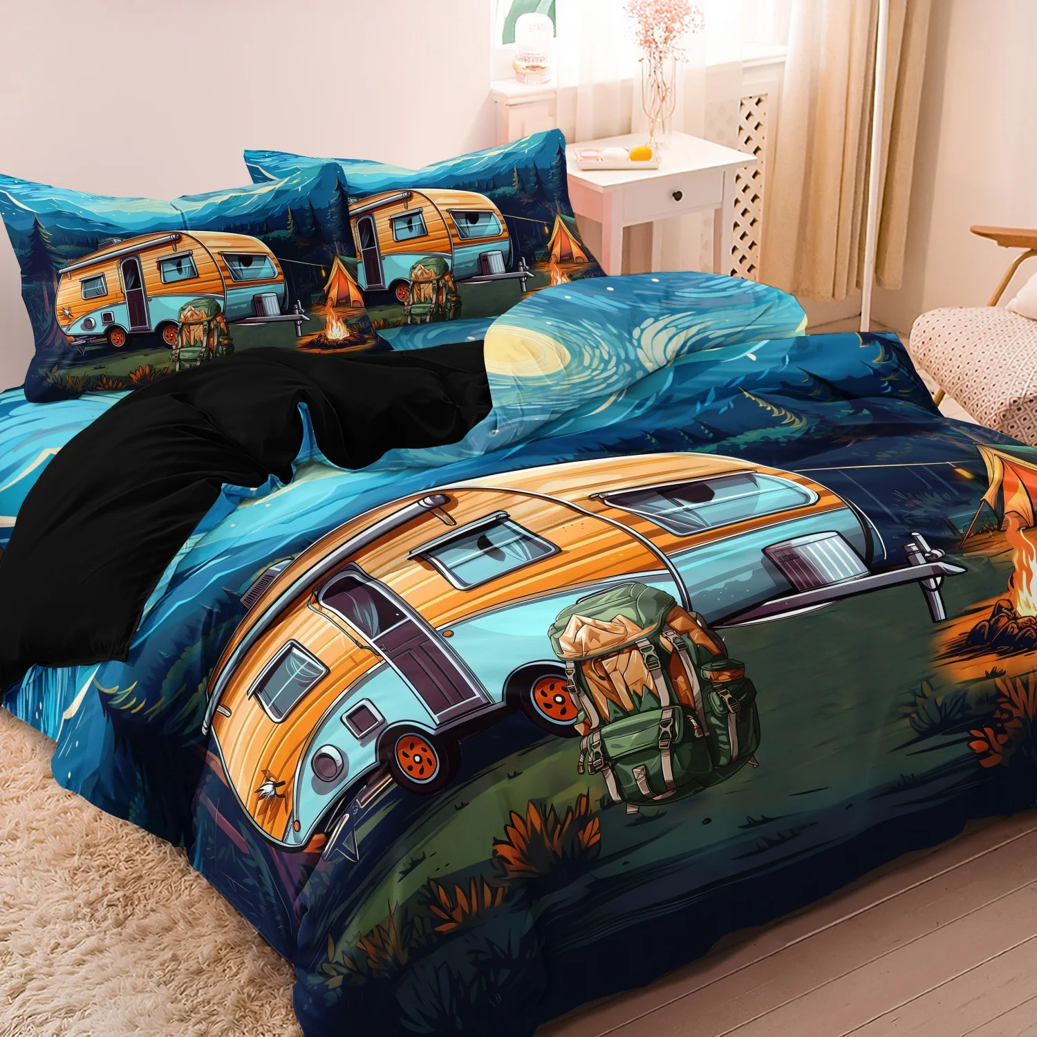 3Pcs RV Camper Camping Adventure Print Duvet Cover Set, Night Mountain Forest Caravan Campfire Tent Print Bedding