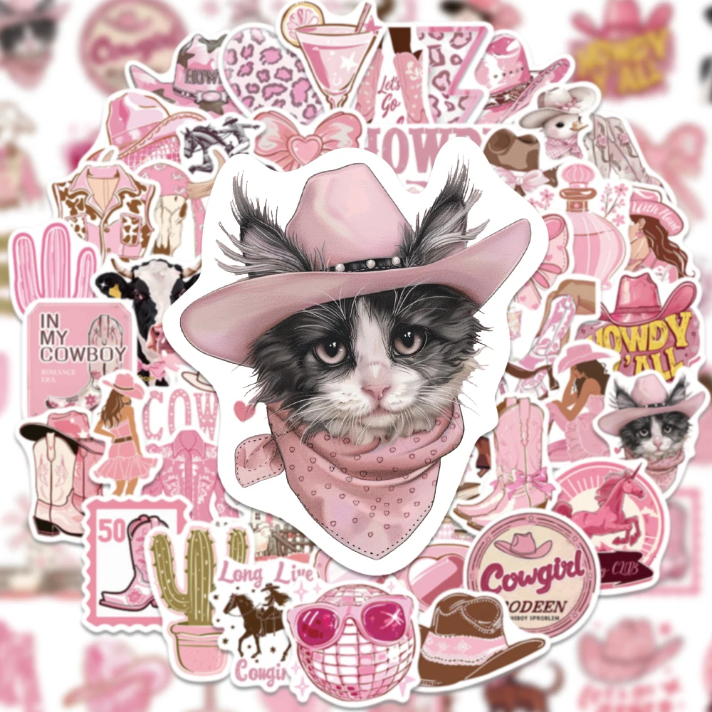 50PCS Cartoon Fashion Light Pink Howdy Cowgirls Sticker Cow Cat Cowboy Hat Boot Art Decoration Scrapbook Phone Case Gift Sticker