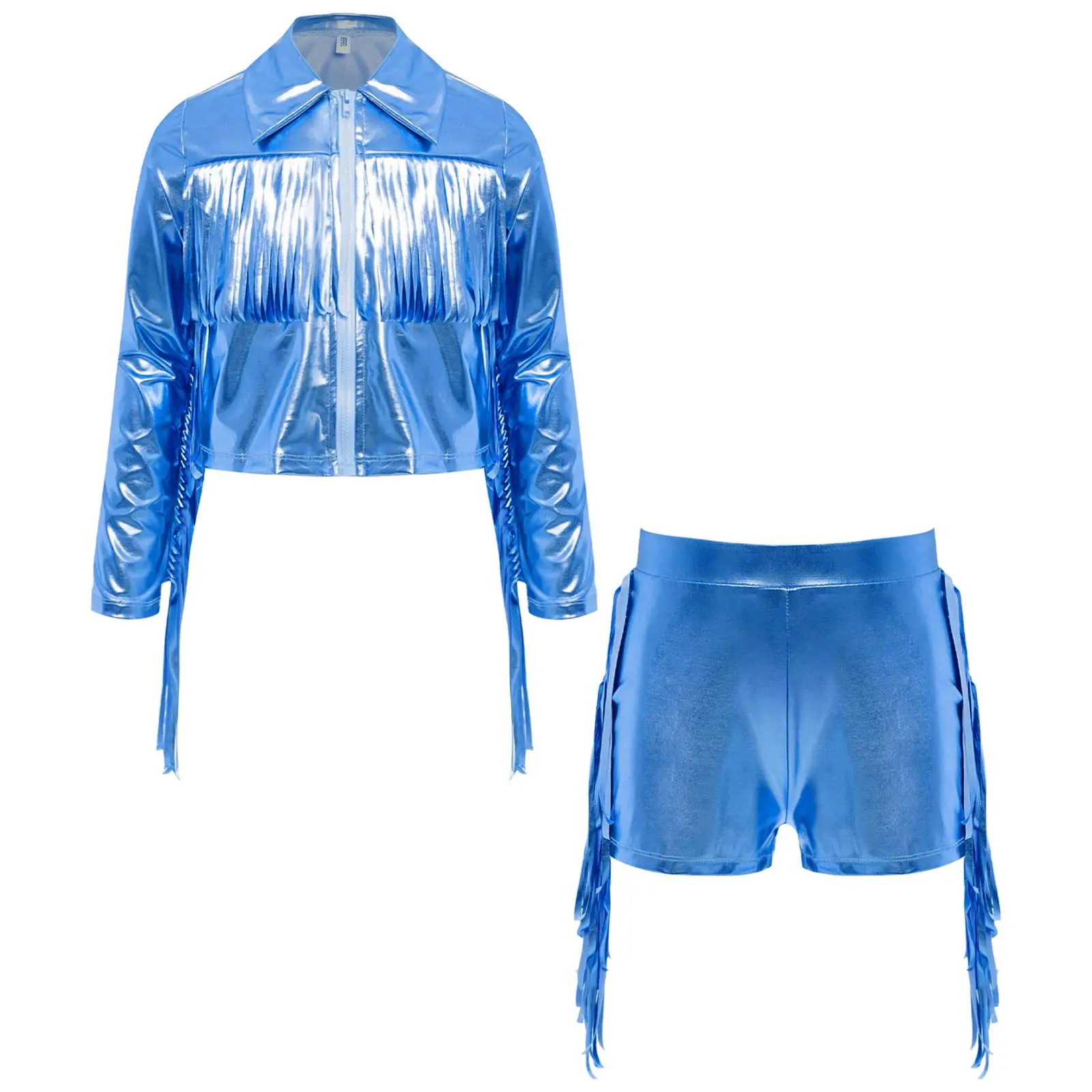 

Kids Girls 70s Disco Dance Outfit Tassels Metallic Turn-Down Collar Long Sleeve Jacket Coat+Shorts Y2K Hip Hop Jazz Streetwear
