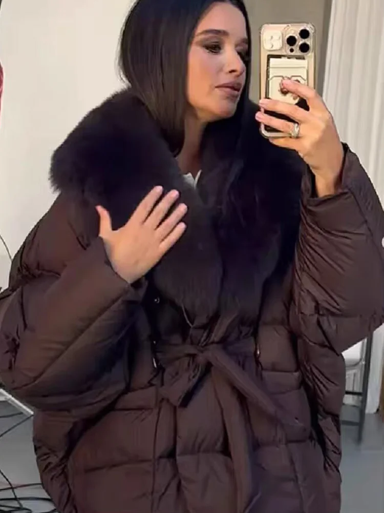 HH Vrouwen Winter Verdikte Katoenen Kleding Riem Zak Decoratie Nepbontkraag Lange Mouwen Mode Vrouwelijke Casual Effen Jas