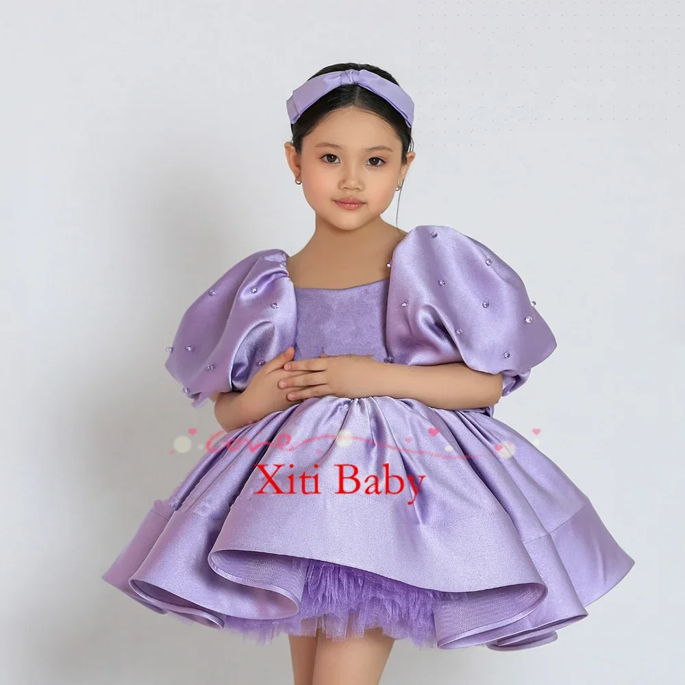 2024 Flower Girl Dress Scoop Neck Puff Girls Party Dresses for Wedding Short Sleeves Satin Kids Christmas Ceremonial Dress