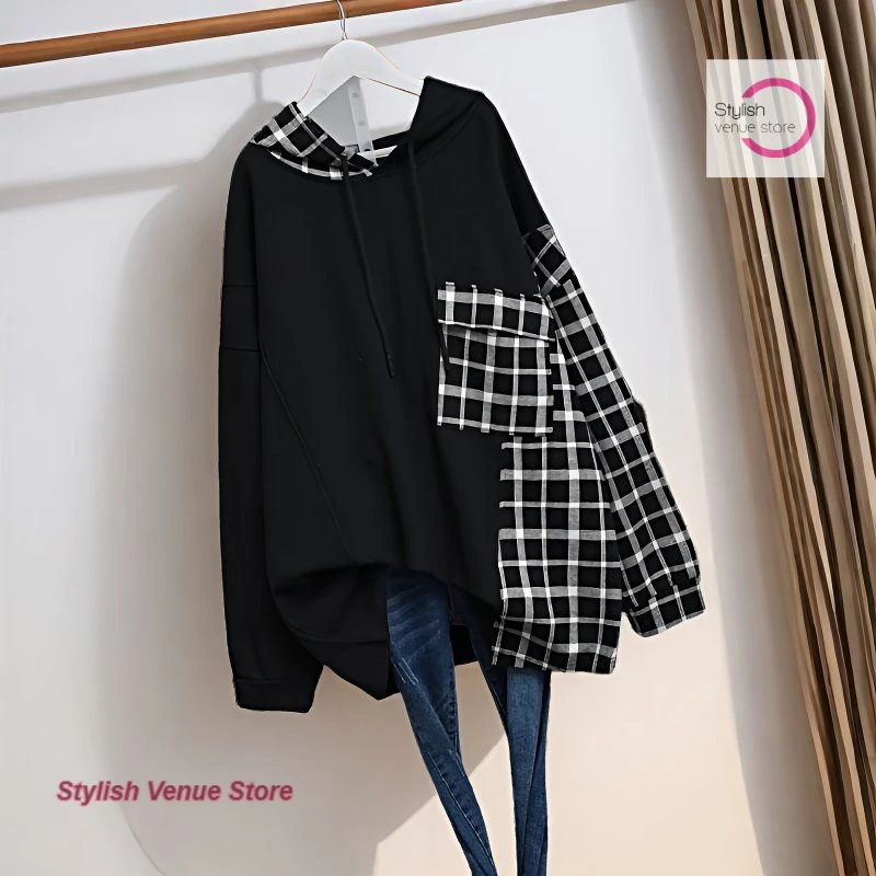 Korean style thin stitching plaid sweater women's spring and autumn new fashion plus size loose stitching plaid hooded top