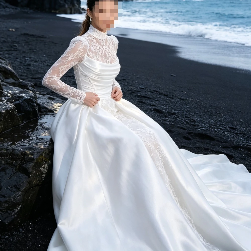 Customized High Necked Lace Long Sleeved Satin Wedding Dresses with Transparent Lace A-line Bridal Gown Suitable for Cathedrals