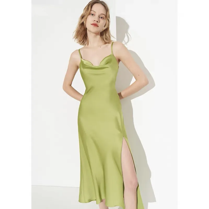 فستان نسائي صيفي موديل 2025 بياقة طويلة من الساتان سهل الارتداء بحزام سباغيتي أنيق للسيدات مثير من الحرير الجليدي فستان الحفلات المنفصلة