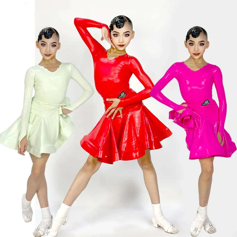 Vestido de baile latino de manga larga de cuero brillante para niños, ropa de rendimiento de baile de salón, vestidos de fiesta para niñas, 9 colores, SL9328