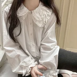 QWEEK Kawaii Lace Shirt White Peter Pan Collar camicette con maniche Lush autunno 2021 coreano Lolita Preppy Style Button Up Cute Tops