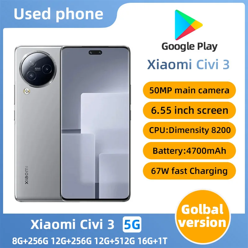 Xiaomi Civi 3 5g SmartPhone CPU Dimensity8200-Ultra 6.55" OLED 120hz Screen 50MP Camera 4500mAh 67W Charge Original Used Phone